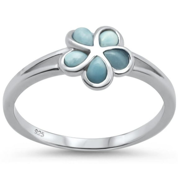 Natural Larimar Plumeria Design Ring Sterling Silver Size 9