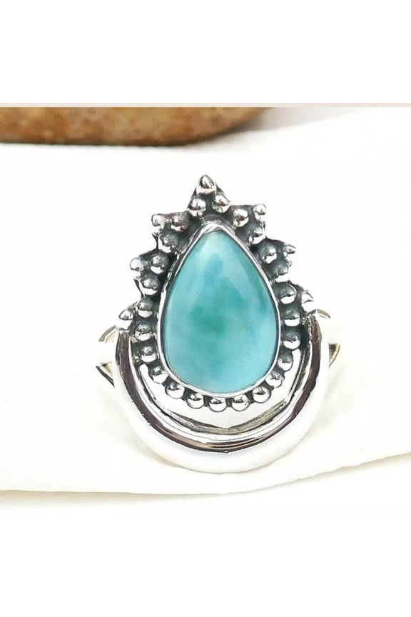 Natural Larimar Ring, Teardrop Shape Gemstone, 925 Sterling Silver, Handmade Ring, Statement Ring, Silver Oxidized Ring, Healing Crystal***
