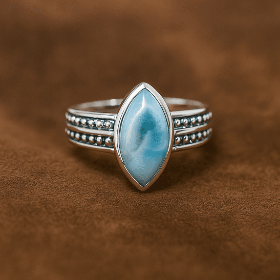 Natural Larimar Ring in 925 Sterling Silver – Marquise Cut Dominican Larimar Stone, Handmade Gemstone Jewelry for Women