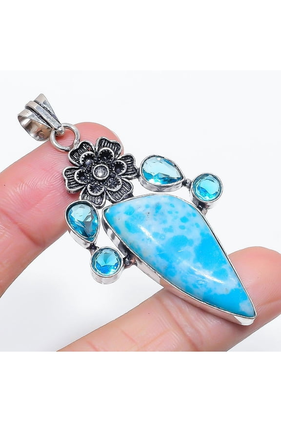 Natural Larimar, Topaz Gemstone 925 Sterling Silver Jewelry Pendant 2.64"
