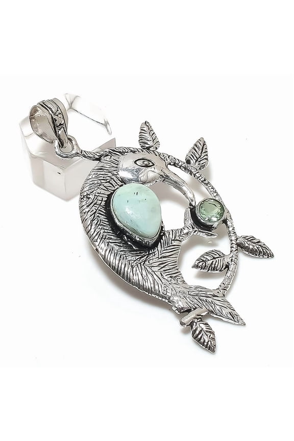 Natural Larimar, Tsavorite 925 Sterling Silver Jewelry Pendant 2.56"