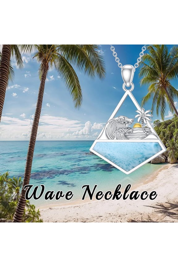 Natural Larimar Wave Necklace for Women 925 Sterling Silver Ocean Wave Palm Tree Pendant Sea Beach Charm Necklace Ocean Jewelry Gifts for Mother Wife