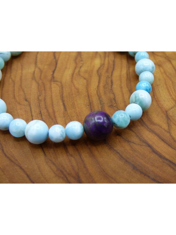 Natural Larimar With Sugilite 6-10mm Round Shape Smooth Cut Beads Stretchable Bracelet for Men & Women.