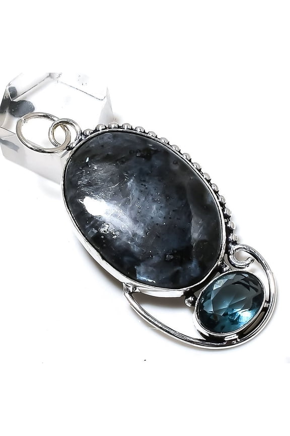 Natural Larvikite Stone, Iolite Gemstone 925 Sterling Silver Pendant 2.56"