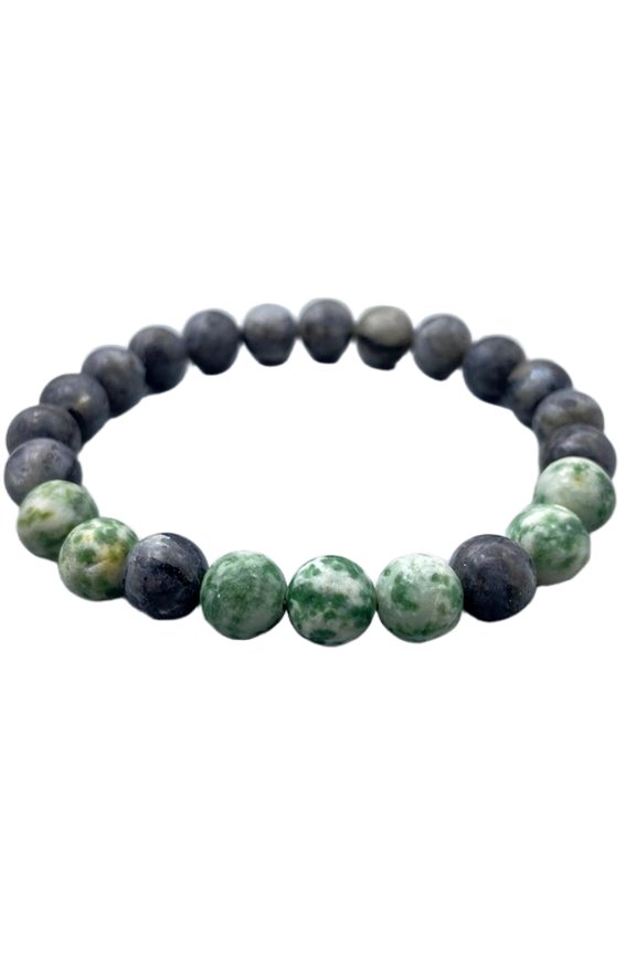 Natural Larvikite & Tree Agate 8mm Round Shape Smooth Cut Beads Stretchable Bracelet For Men & Women. Unisex Bracelet