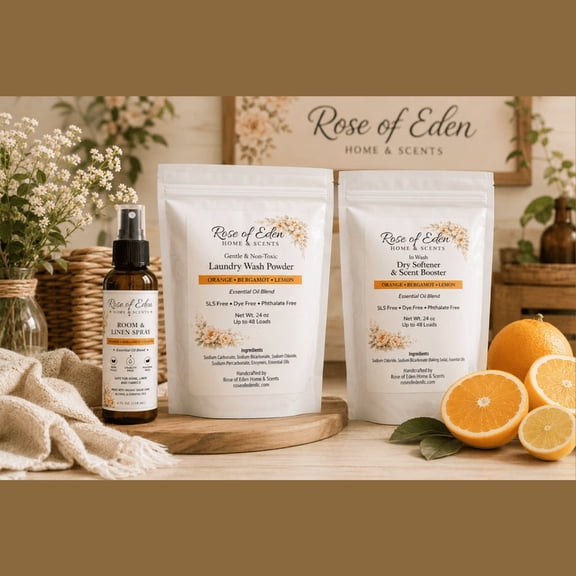 Natural Laundry Care Bundle | Wash Powder with Enzymes, In-Wash Softener Crystals, Room and Linen Spray, Orange Bergamot Lemon