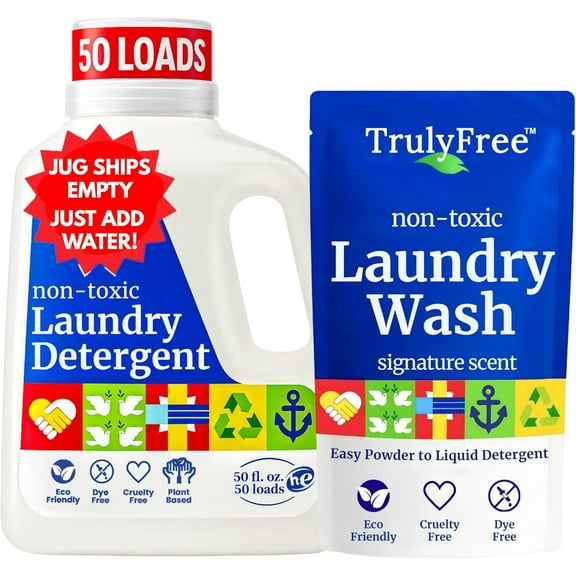 Natural Laundry Detergent for Sensitive Skin | Eco Friendly, Plant Based, Baby Clothes Safe | Clean & Easy Powder to Liquid, 1 Pack Detergent + 1 Refillable Jug | Signature Scent, 50 Loads
