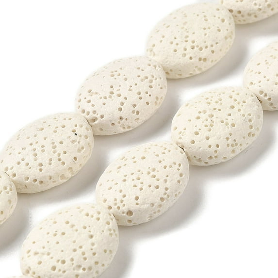 Natural Lava Rock Beads Strands Dyed Flat Oval Floral White 18~18.5x14x7mm Hole: 1.2mm about 21pcs/strand 15.16''(38.5~39cm)