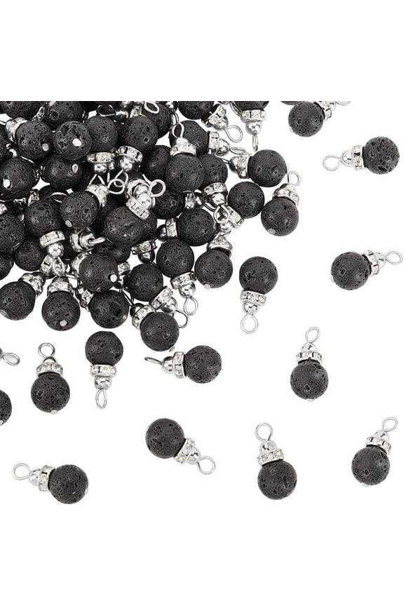 Natural Lava Rock Pendants with Non-magnetic Hematite and Platinum Tone Brass Rhinestone Findings Round 18x8.5-9mm Hole: 2.5-3mm 80pcs/box