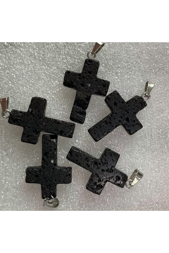 Natural Lava Rock Pendants with Platinum Tone Brass Findings Cross 25x18mm