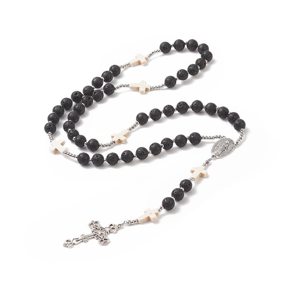 Natural Lava Rock & Synthetic Turquoise Cross Rosary Bead Necklace Alloy Virgin Mary Pendant Necklace for Women Antique Silver 25.59 inch(65cm)