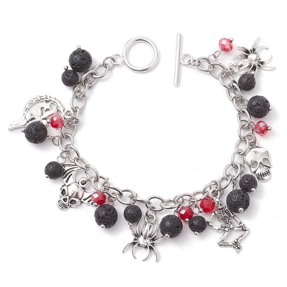 Natural Lava Rock and Glass Cable Chains Charm Bracelets with Alloy Spider Pendants and Toggle Clasps 7-1/2 inch(19.2cm)