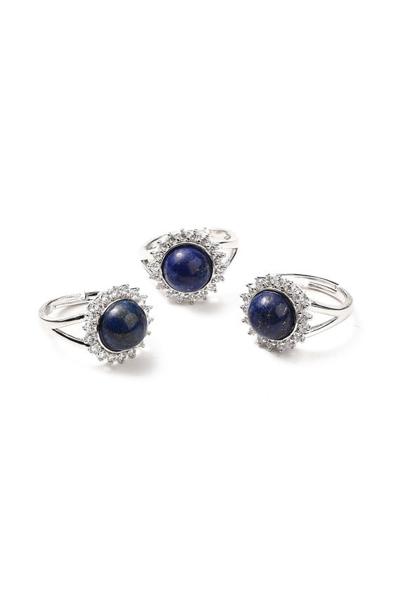 Natural Lazuli Adjustable Rings Platinum Tone Flower Brass Rhinestone Rings for Women Cadmium Free & Lead Free US Size 8(18.1mm) 2.5~8mm