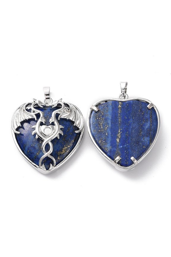 Natural Lazuli Heart Pendant Rhinestone Settings Rack Plating Platinum Plated Brass Wings Charms Long-Lasting Plated Fit for 3mm Rhinestone 37x33x10~11.5mm Hole: 8x5mm
