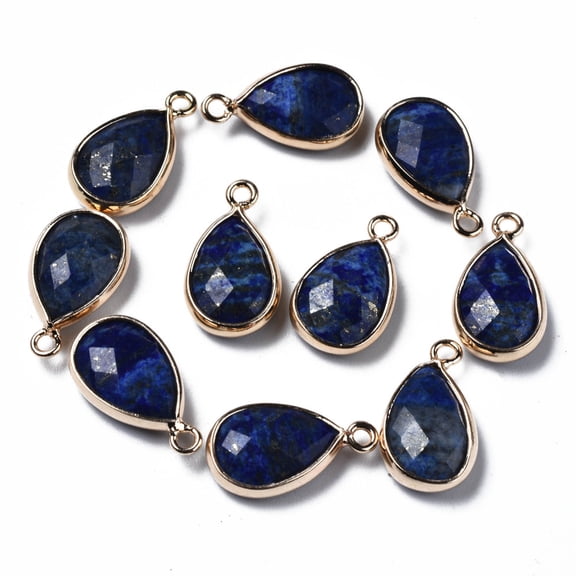 Natural Lazuli Pendants Faceted with Golden Plated Brass Edge and Loop Teardrop 16.5x9x4.5mm Hole: 1.6mm