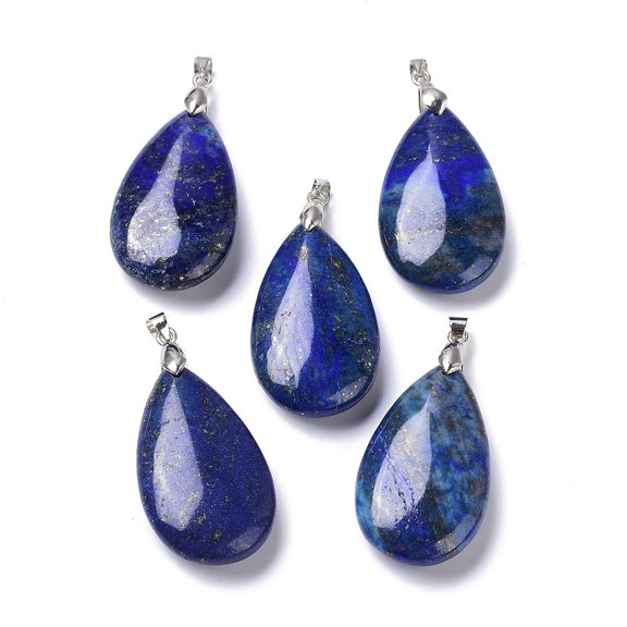 Natural Lazuli Pendants with Brass Finding Teardrop 35x20x7.5~9mm Hole: 4x3.5mm