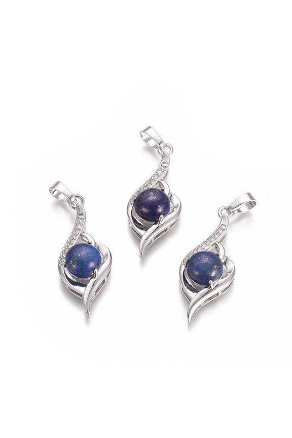 Natural Lazuli Pendants with Platinum Tone Brass Findings and Rhinestone Flower Dyed 37.3x15x9.8mm Hole: 7x4.5mm