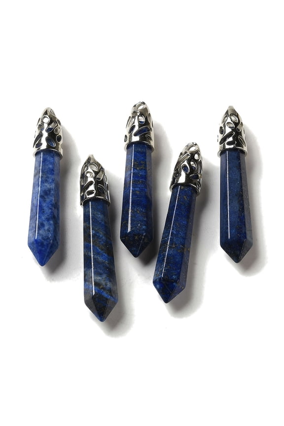 Natural Lazuli Pointed Big Pendants Faceted Charms with Rack Plating Platinum Plated Brass Findings 56~65x11~11.5x10~10.5mm Hole: 4X3mm