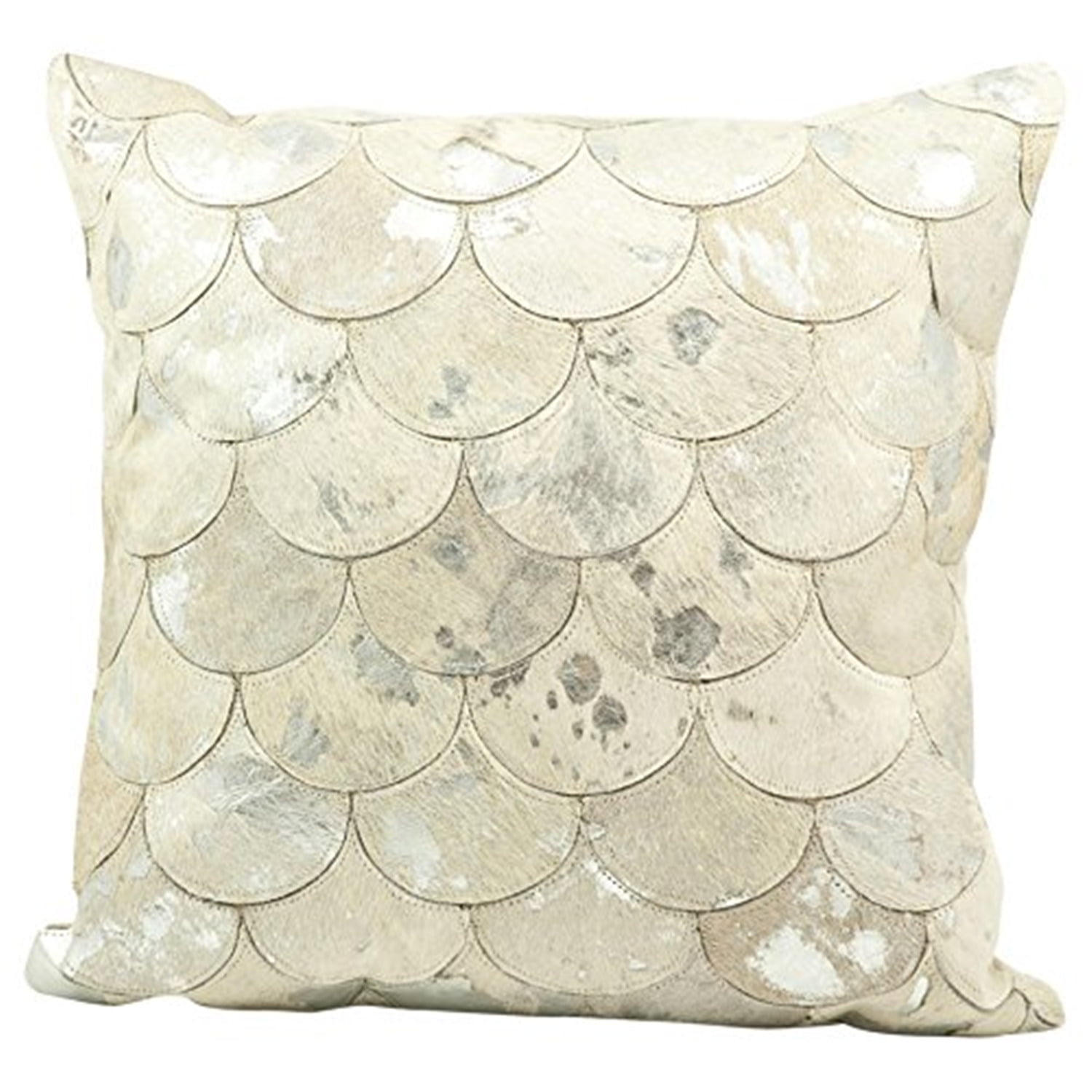 Natural Leather and Hide White Silver Metallic Scallop Pillow