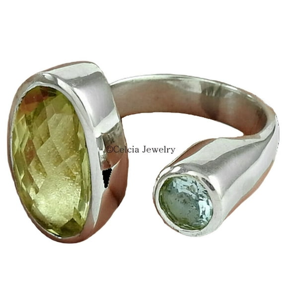 Natural Lemon Topaz & Blue Topaz Ring, Solid 925 Sterling Silver Ring, Two Stone Ring, Adjustable Ring, Metaphysical Gift Ring, Antique Ring, Oval, Round Shape Ring, Best Giftable Ring (7)