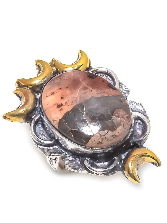 Natural Leopard Skin Gemstone 925 Sterling Silver Two Tone Ring Size 6.5