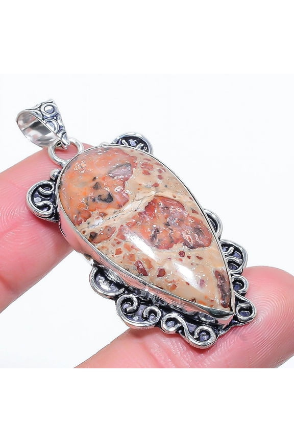 Natural Leopard Skin Jasper Gemstone 925 Sterling Silver Pendant 2.05"