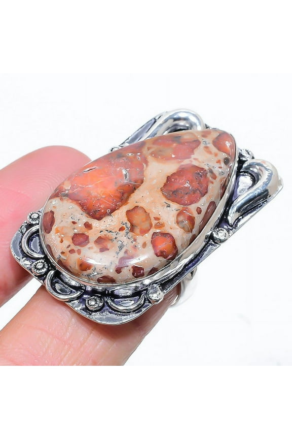 Natural Leopard Skin Jasper Gemstone 925 Sterling Silver Ring Size 7