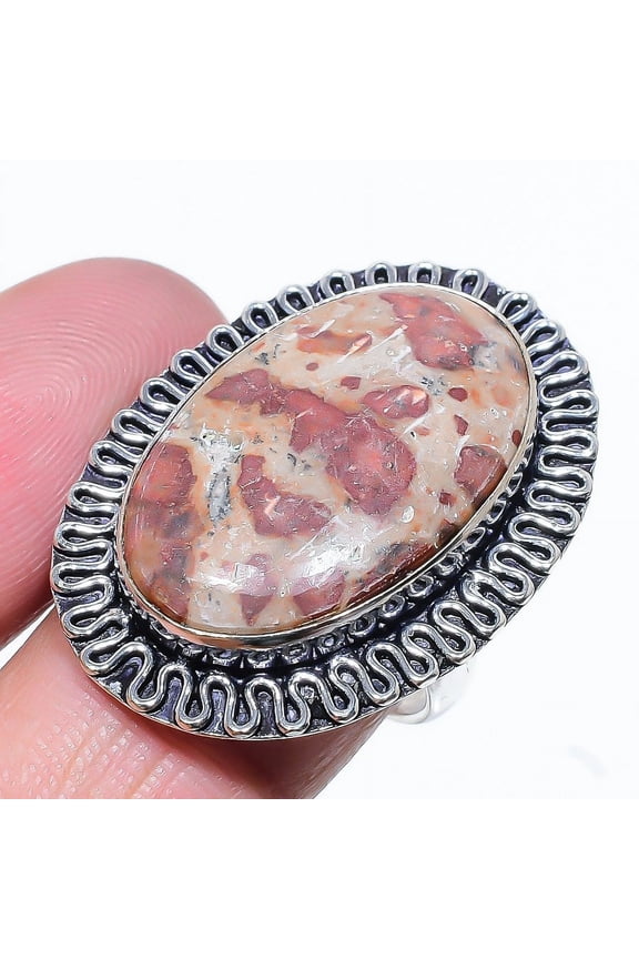 Natural Leopard Skin Jasper Gemstone 925 Sterling Silver Ring Size 8