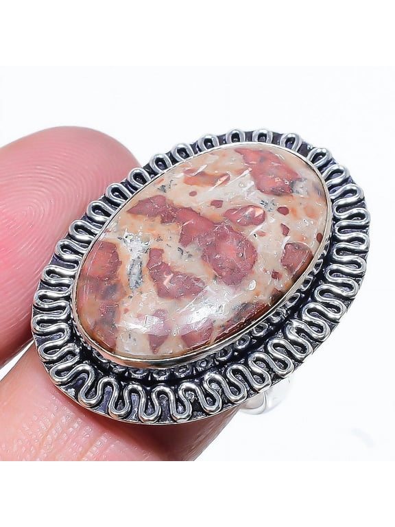Natural Leopard Skin Jasper Gemstone 925 Sterling Silver Ring Size 9