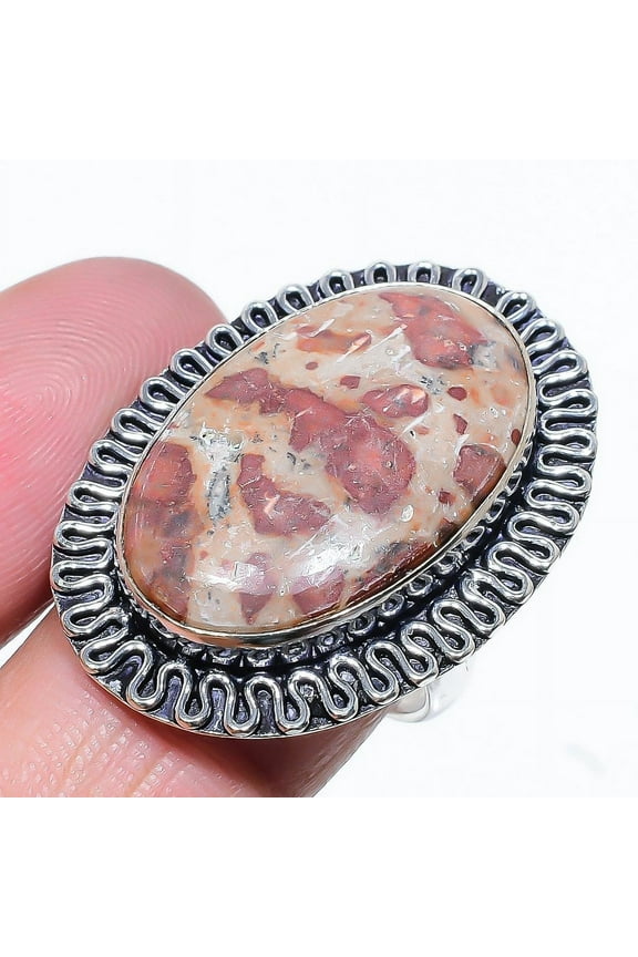 Natural Leopard Skin Jasper Gemstone 925 Sterling Silver Ring Size 9
