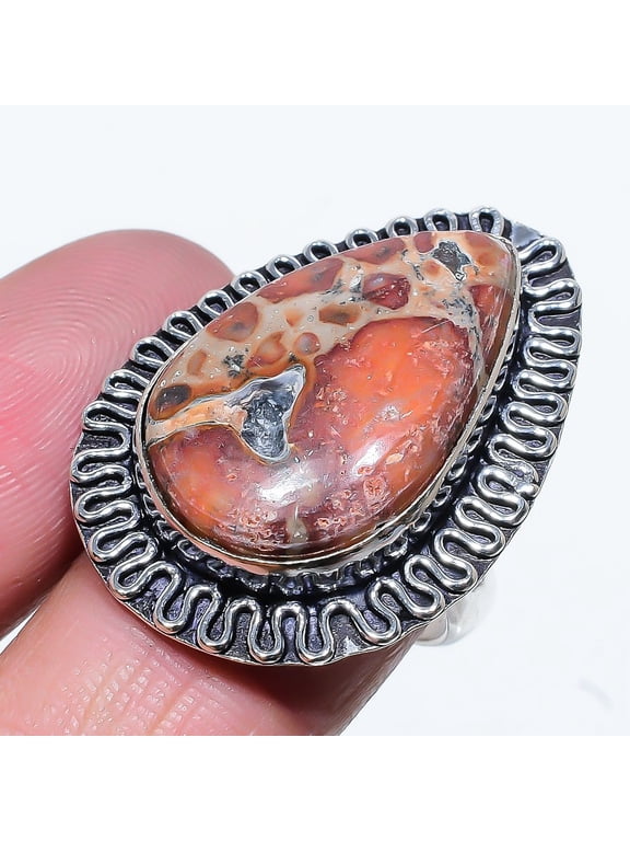 Natural Leopard Skin Jasper Gemstone 925 Sterling Silver Ring Size 9