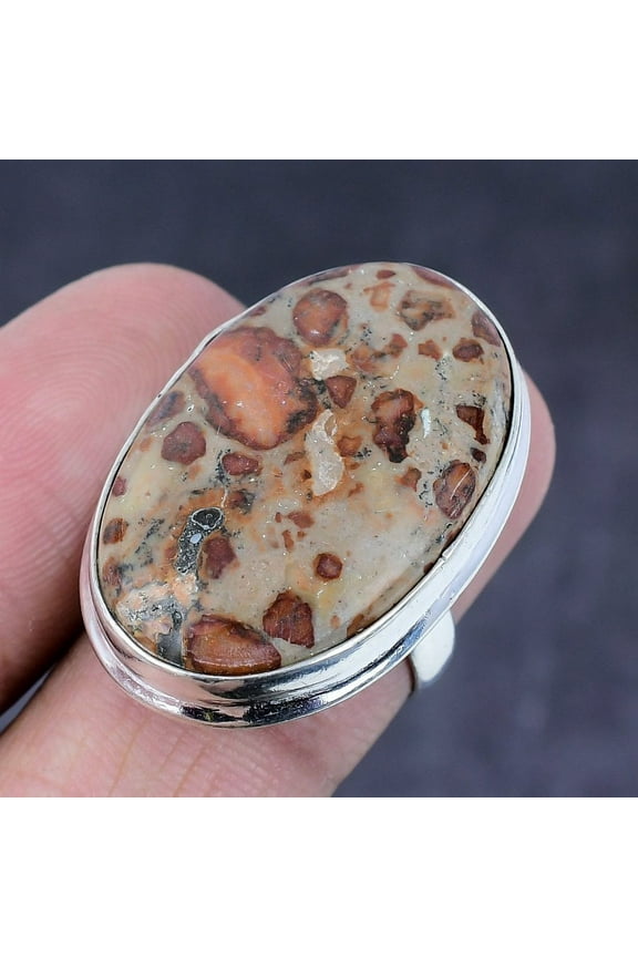 Natural Leopard Skin Jasper Gemstone Handmade 925 Steling Silver Ring S.7