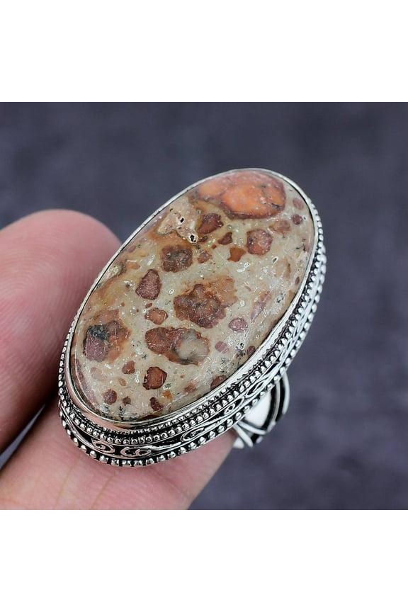 Natural Leopard Skin Jasper Gemstone Handmade 925 Sterling Silver Ring S.9