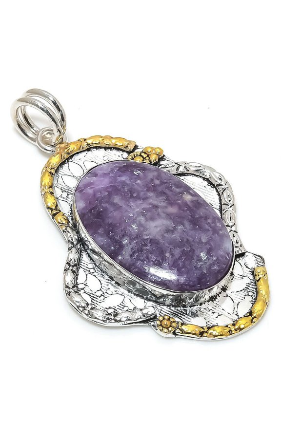 Natural Lepidolite Gemstone 925 Sterling Silver Two Tone Pendant 2.52"