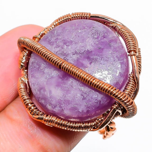 Natural Lepidolite Gemstone Handmade Copper Wire Wrap Gift Ring Size 7