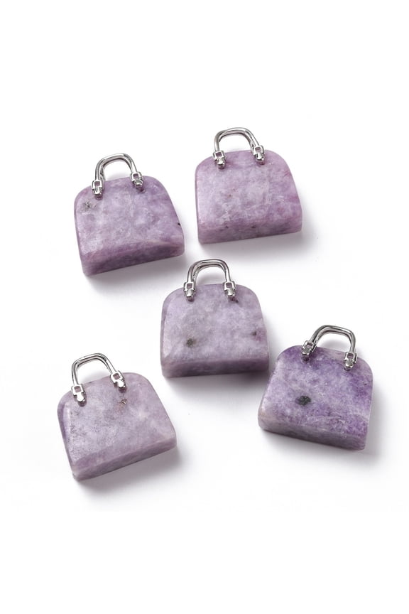 Natural Lepidolite/Purple Mica Stone Brass Pendants Platinum Bag 27.5x25x10mm Hole: 6mm