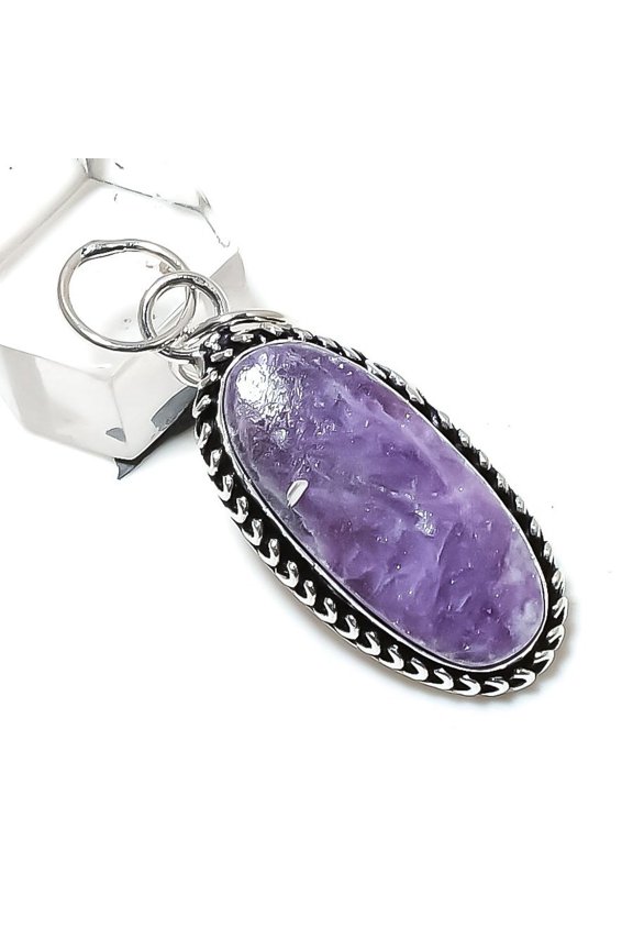 Natural Lepidolite Stone Gemstone 925 Sterling Silver Jewelry Pendant 1.97"