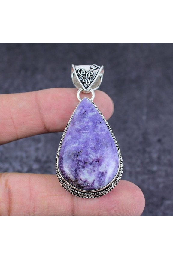 Natural Lepidolite Stone Gemstone 925 Sterling Silver Jewelry Pendant 2.25"