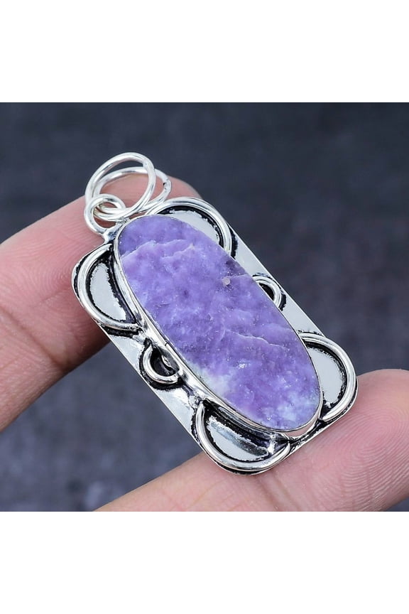 Natural Lepidolite Stone Handmade 925 Sterling Silver Jewelry Pendant 2.05"