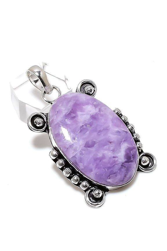 Natural Lepidolite Stone Handmade 925 Sterling Silver Jewelry Pendant 2.13"