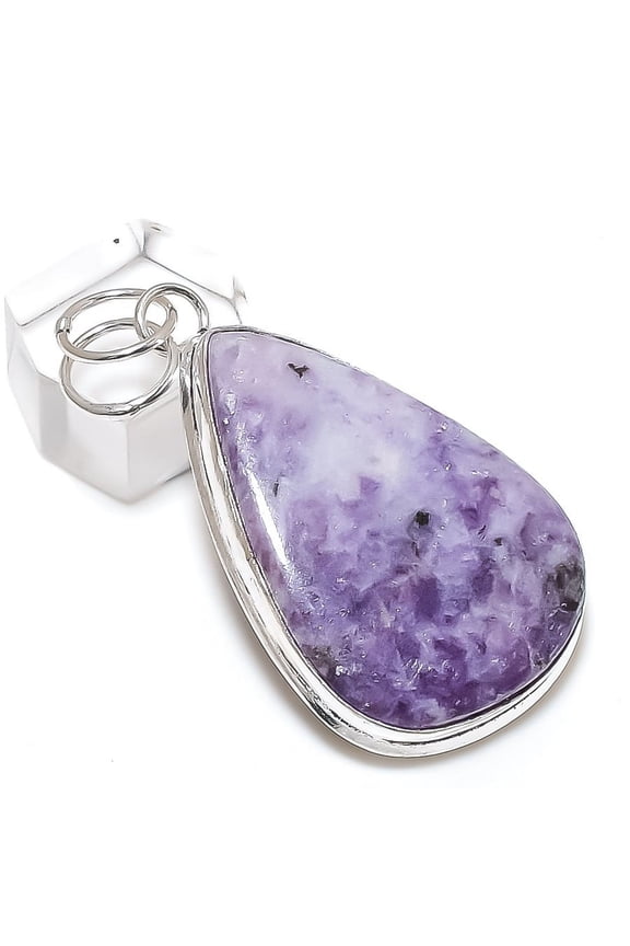 Natural Lepidolite Stone Handmade 925 Sterling Silver Jewelry Pendant 2.21"