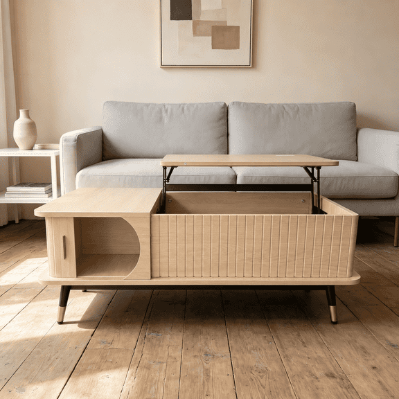 Natural Lift Top Coffee Table with Hidden Compartment & Storage Shelf, Mid-Century Wood Pop Up Center Table for Home Living Room Office