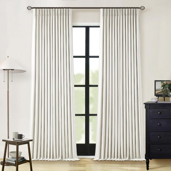 Natural Linen 100% Black Out Pinch Pleated Curtains 108 Inches Long 2 Panels Set for Bedroom Cream Back Tab Thermal Insulated Energy Efficient Blackout Curtains Living Room High Ceiling Length 9 Ft