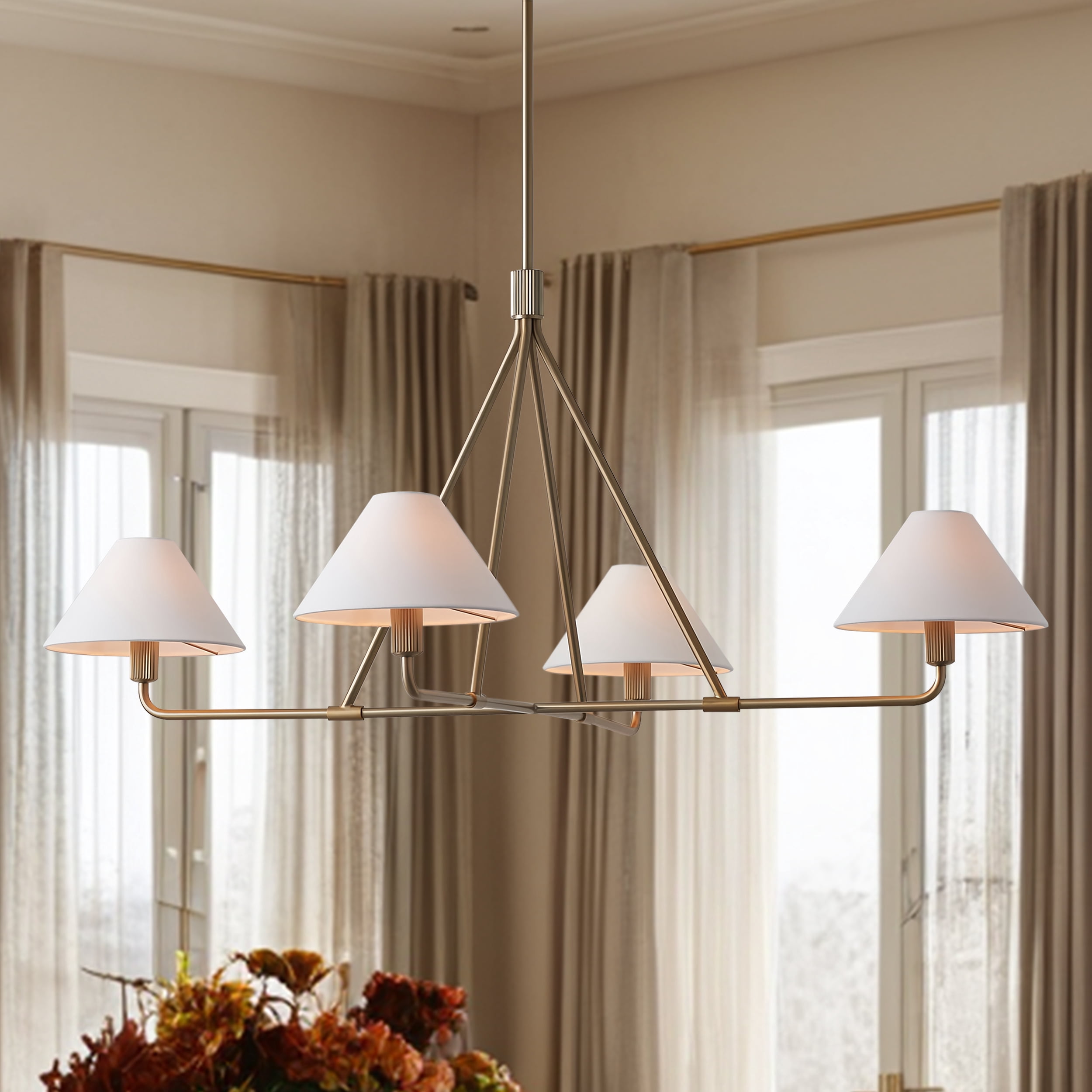 Natural Linen Chandelier, Brass Conical Ceiling Lamp, Indoor Ceiling ...