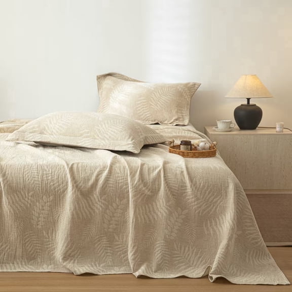 Natural Linen Cotton Queen Sheet Set, Fern Leaf Pattern, 600 Thread Count Twill, Breathable & Durable, Botanical Queen Bedding Set, 3-Piece
