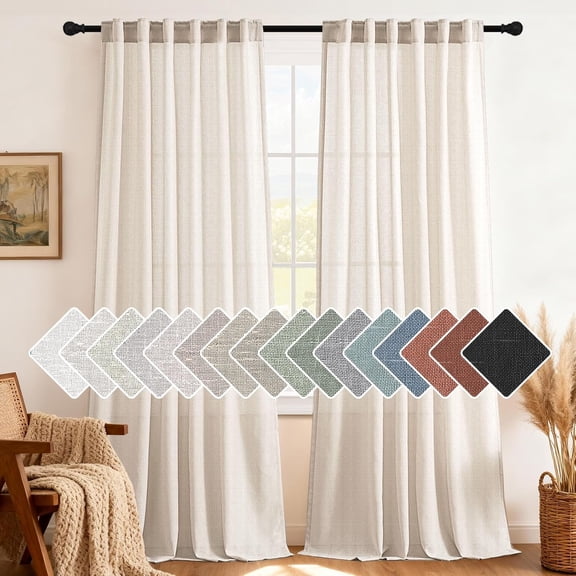 Natural Linen Curtains 96 inches Long for Living Room 2 Panels Back Tab Loop Pocket Textured Light Filtering Semi Sheer Rustic Farmhouse Boho Curtain for Bedroom, Heathered Natural