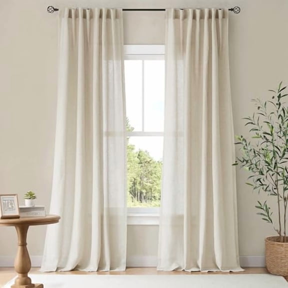 Natural Linen Curtains & Drapes for Windows 84 inch Long, Rod Pocket & Back Tab Thick Flax Semi Sheer Privacy Assured with Light Filtering for Bedroom/Living Room, W55 x L84, 2 Pieces