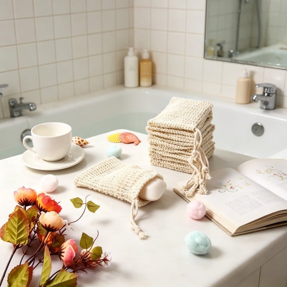 Natural Linen Drawstring Bag Mesh Soap Saver Pouch Hanging Dryable Soap Holder for Bathroom Shower Kitchen Travel Hotel Homemade Soap Gift