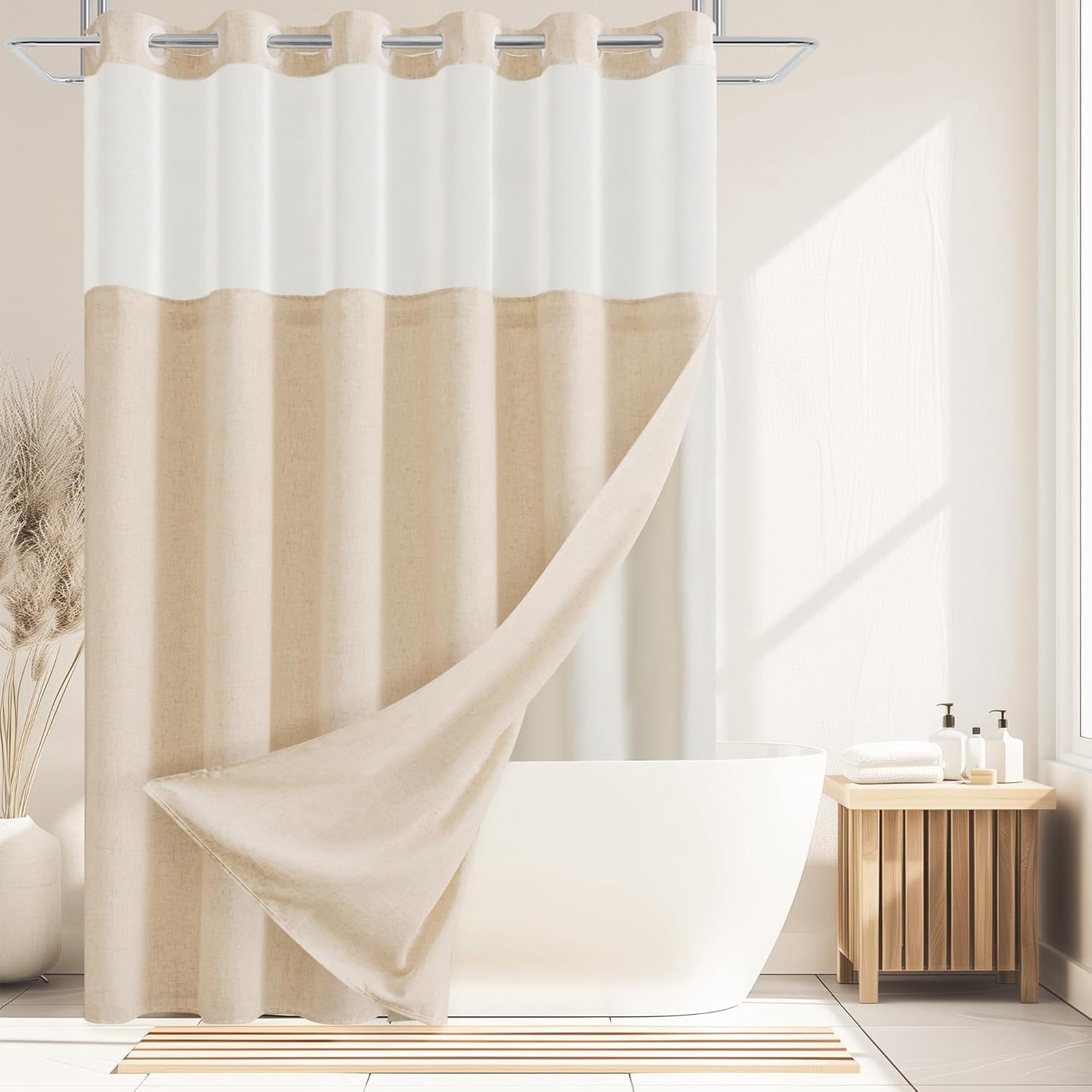 Natural Linen No Hook Shower Curtain and Liner, No Hooks Shower ...