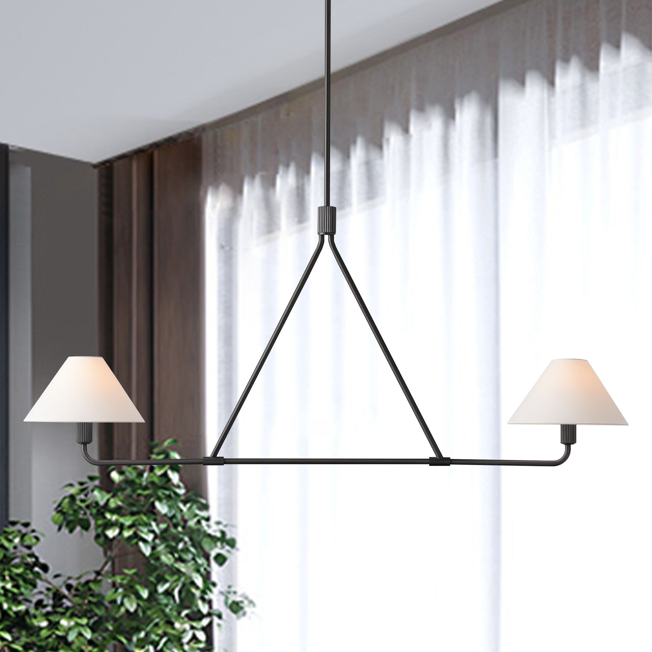 Natural Linen Pendant Light, Black Conical Light Fixture, 2-Light Ceiling Light with Tapered Shades, Ceiling Lamp for over Kitchen Island, Dining Room, Bedroom